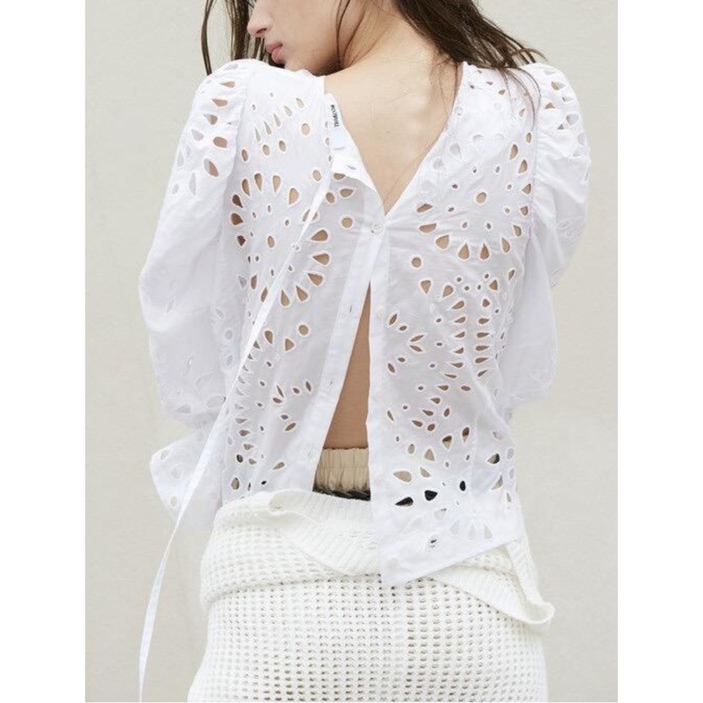 NWT Thakoon Long Puff Sleeve Eyelet Embroidered Silk Cotton Blouse Top Yellow 10 - Picture 5 of 10